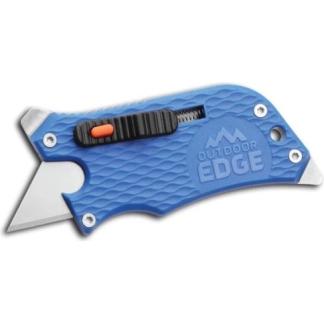 Blue folding utility knife with a textured grip and retractable blade, Outdoor Edge branding.