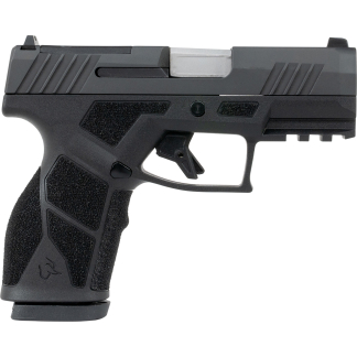 Close-up of a black semi-automatic pistol's slide and grip, showing textured grip panels and serrations on the slide.