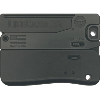 Side view of a gray LifeCard .32 compact pistol showing branding 'LIFECARD .32' on the slide.
