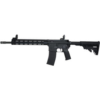 Black AR-style assault rifle with a quad-rail handguard, detachable box magazine, pistol grip, and adjustable stock.