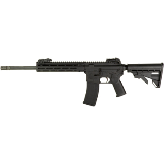 Black semi-automatic rifle with a long barrel, quad-rail handguard, pistol grip, detachable magazine, and adjustable stock.