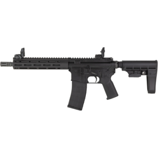 Black AR-style rifle with a collapsible stock and pistol grip, featuring a long rail and curved magazine.