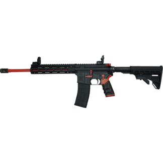 Profile view of a black modern sporting rifle with red accents, magazine inserted, and collapsible stock.