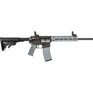 Semi-automatic rifle with collapsible stock, pistol grip, long gray handguard, and a detachable magazine.