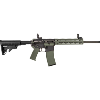 Assault rifle with collapsible stock, green magazine, and olive handguard in side view on white background.