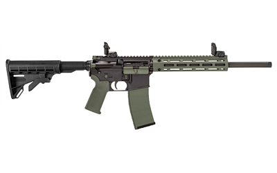 TPPA101228_1jpg | ATFirearms Assault rifle with collapsible stock, green magazine, and olive handguard in side view on white background.