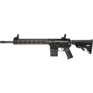Black assault rifle in profile with a long quad-rail handguard, iron sights, pistol grip, and adjustable stock.
