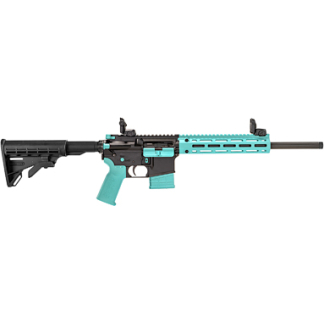 Modern sporting rifle with turquoise handguard and grip, black receiver and stock, and long rail system