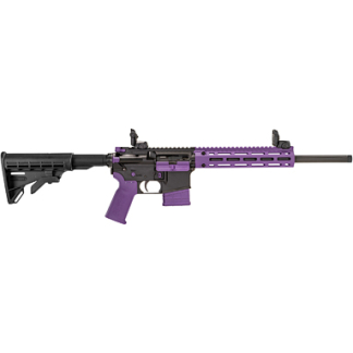 Purple and black tactical rifle with adjustable stock and long handguard, facing right.