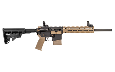 TPPA101336_1jpg | ATFirearms Tan-and-black tactical rifle with adjustable stock, quad-rail handguard, rear and front sights, and a long barrel