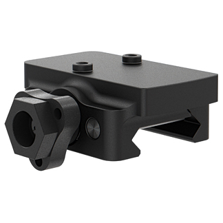 Black mounting clamp with a 2-stud plate on top and a hex‑shaped receptacle, used to attach an accessory to a rail or rod