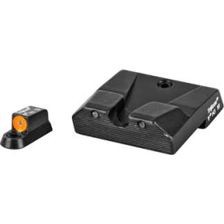 Pair of handgun iron sights: a front sight with an orange insert and a larger rear sight with a wide notch.