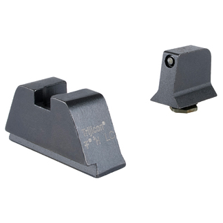 Pair of gray firearm iron sights: a rear sight with a U-shaped notch and a separate front sight with a small aperture, shown from two angles