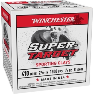 Box of Winchester Super-Target Sporting Clays ammunition: 410 bore, 2 1/2 inch, 1300 fps, 1/2 oz, 8 shot, Made in USA