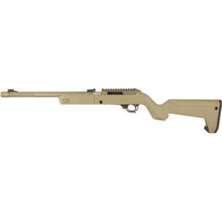 Tan bolt-action sniper rifle with long barrel, scope rail, and adjustable buttstock on a white background.