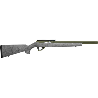 Bolt-action rifle with a gray mottled stock and a long green barrel, shown in profile.