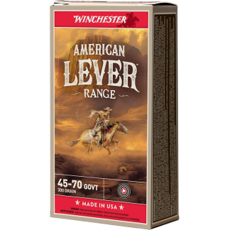 Winchester American Lever Range .45-70 GOVT 300 grain ammunition box, featuring a desert canyon scene with a cowboy on a horse.