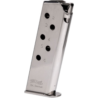 Walther 9mm Kurz handgun magazine with round-count holes labeled 2–6 and branding visible.