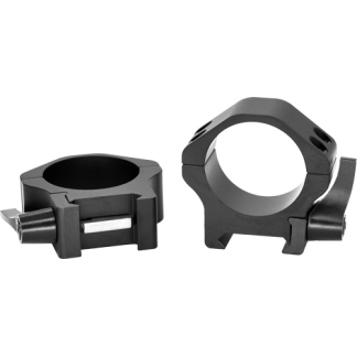 Pair of black rifle scope rings, shown from different angles, for mounting a scope onto a firearm (includes mounting bolts).