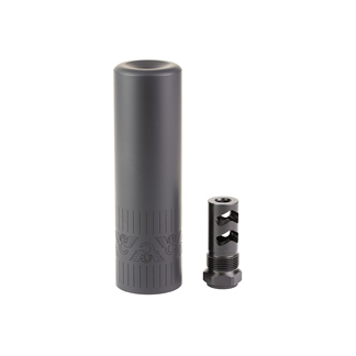 Gray cylindrical firearm suppressor with a small threaded muzzle device beside it on a white background.