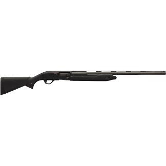 Long-barreled black pump-action shotgun with synthetic stock on a white background.