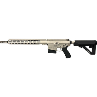 Tan modern sporting rifle with adjustable stock, quad rail handguard, and muzzle device