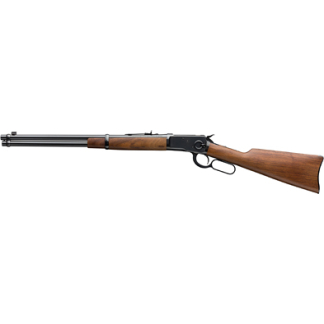 Lever-action rifle with wooden stock and metal barrel shown in profile view on a white background.