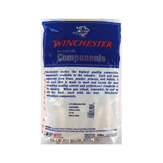 Bag labeled Winchester Metallic Components for ammunition reloading, with brand logo and product info on the front edge of the pouch