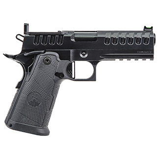 Side view of a black semi-automatic pistol with textured grip and built-in rails on the slide area