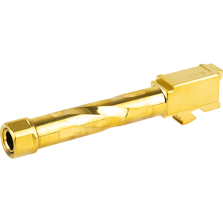 Gold-plated quick-connect pneumatic coupling with hex nut on the left and mounting tab on the right.