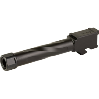 Black rifle muzzle device with a threaded end and mounting bracket shown in profile.