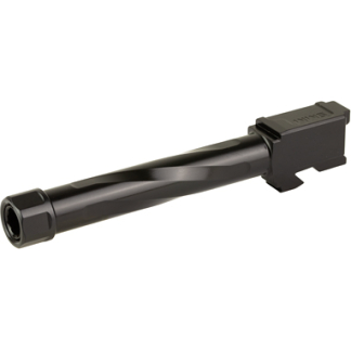 Black rifle barrel extension with threaded muzzle on the left and a mounting block on the right, used as a firearm accessory.