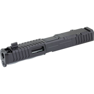 Black pistol slide/component with Picatinny rail and front sight, shown from the side