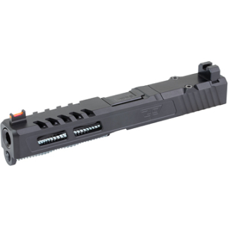 Black handgun slide viewed from the side, with rails, cutouts, and front sights; a pistol component, not a complete firearm.