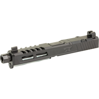 Side view of a black handgun slide with muzzle at left, featuring front and rear sights and exposed recoil spring.