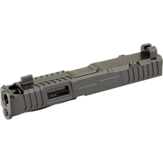 Dark gray pistol slide shown from the side, featuring front and rear sights, ejection port, and accessory rail under the barrel area