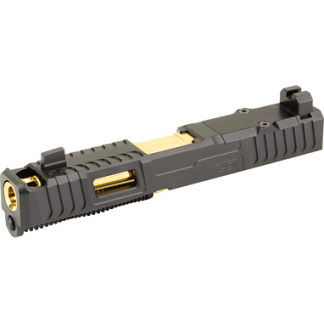 Black handgun slide with a gold-colored barrel visible through the ejection port, featuring textured rails and front sights for mounting optics or accessories.