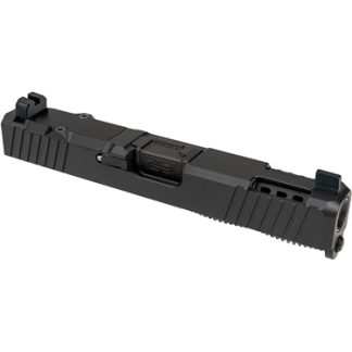 Black pistol slide assembly with front and rear sights, viewed from above.