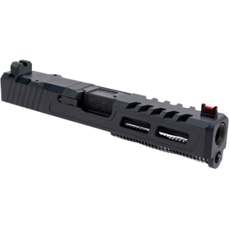 Black AR-style upper receiver/handguard with Picatinny rail, side vents, and mounted front sight components, shown on a white background to illustrate a firearm accessory.