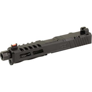 Black pistol slide with rails and front/rear sights on a white background