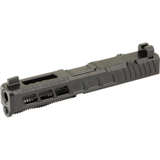 Black pistol slide with built-in Picatinny rails and rear sight mounts, shown from the side