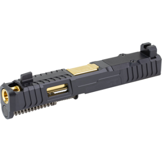 Close-up of a black modular firearm component with ribbed body and gold-plated contact areas, including a round opening at the front.