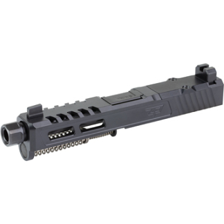 Black AR-style upper handguard with multiple Picatinny rails and muzzle device, isolated on white background