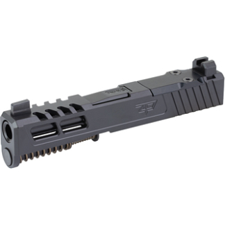 Black pistol slide with front and rear sights and serrated edges.