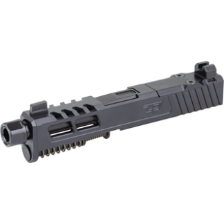 Black pistol slide/upper receiver with front and rear sights and an accessory rail, shown from the side.