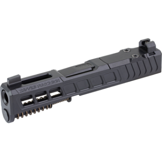 Black modular AR-style handguard/rail segment with Picatinny sections and a small rear sight on top, shown on a white background.