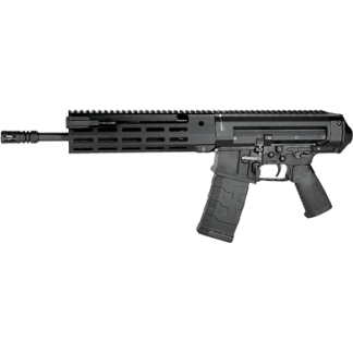 Black AR-style semi-automatic rifle with a long ventilated handguard, top rail, and curved magazine in right-side profile