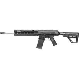 Black modern semi-automatic rifle with quad-rail handguard and adjustable stock, magazine inserted