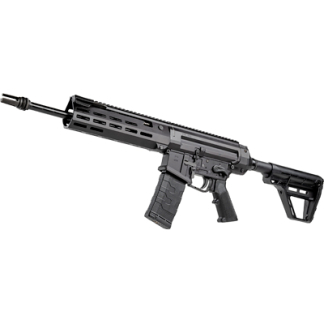 Black AR-style rifle with a collapsible stock and quad-rail handguard on a white background, with a detachable magazine inserted