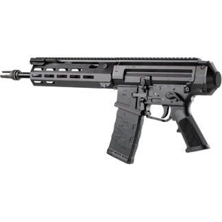 Black AR-style rifle with a quad-rail handguard and a detachable box magazine
